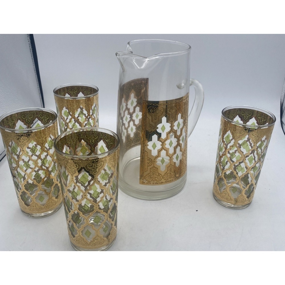 VTG MCM Culver Valencia  22k Gold Tumblers 5 Pc Glasses & Pitcher Barware Set